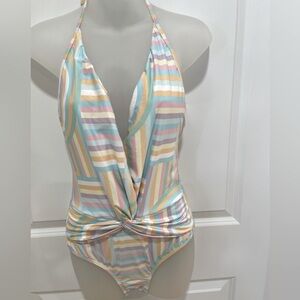 NWT Kenny Flowers watercolors the North Shore Deep V halter one piece swim